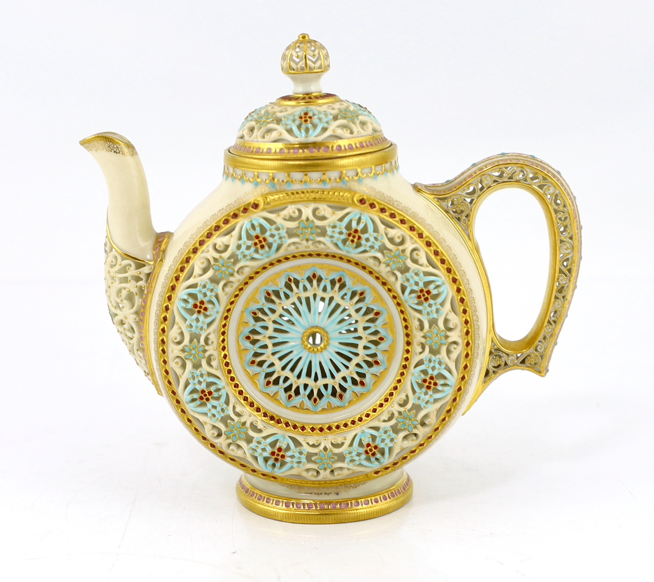 A fine and rare Royal Worcester reticulated teapot and cover, designed by George Owen, c.1881